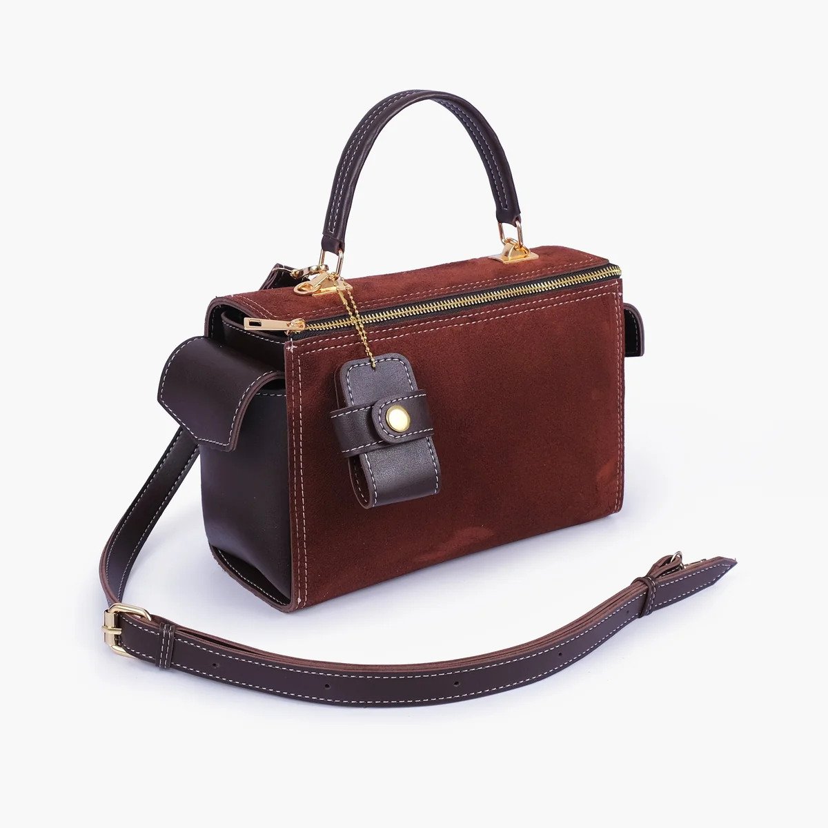 Hala's Dark Brown Suede Bowling Bag With Top-Handle - Image 3