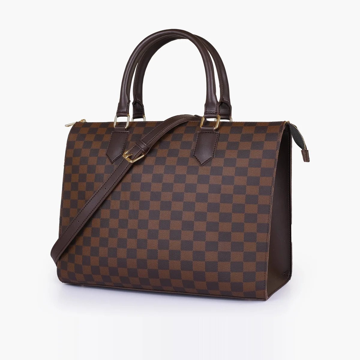 Hala's Dark Brown Checkered On-The-Go Handbag - Image 2