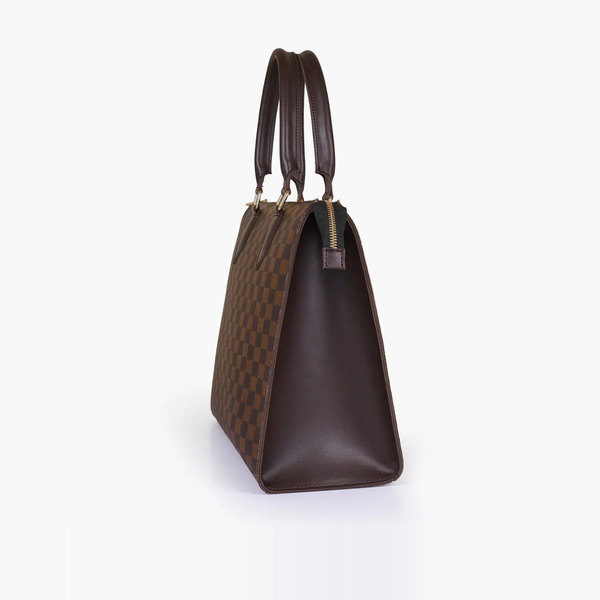 Hala's Dark Brown Checkered On-The-Go Handbag - Image 4